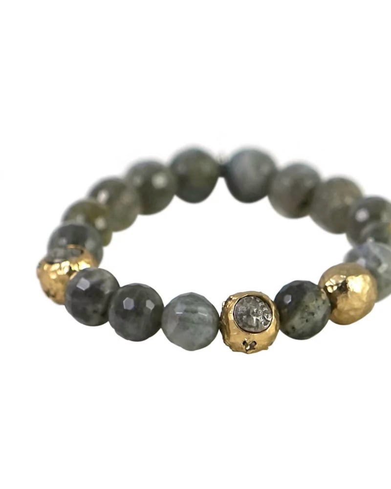 Front of a size O/S Gold Cera Faceted Labradorite Stretch Bracelet in Multi in Multi by Tat2 Designs. | dia_product_style_image_id:329992